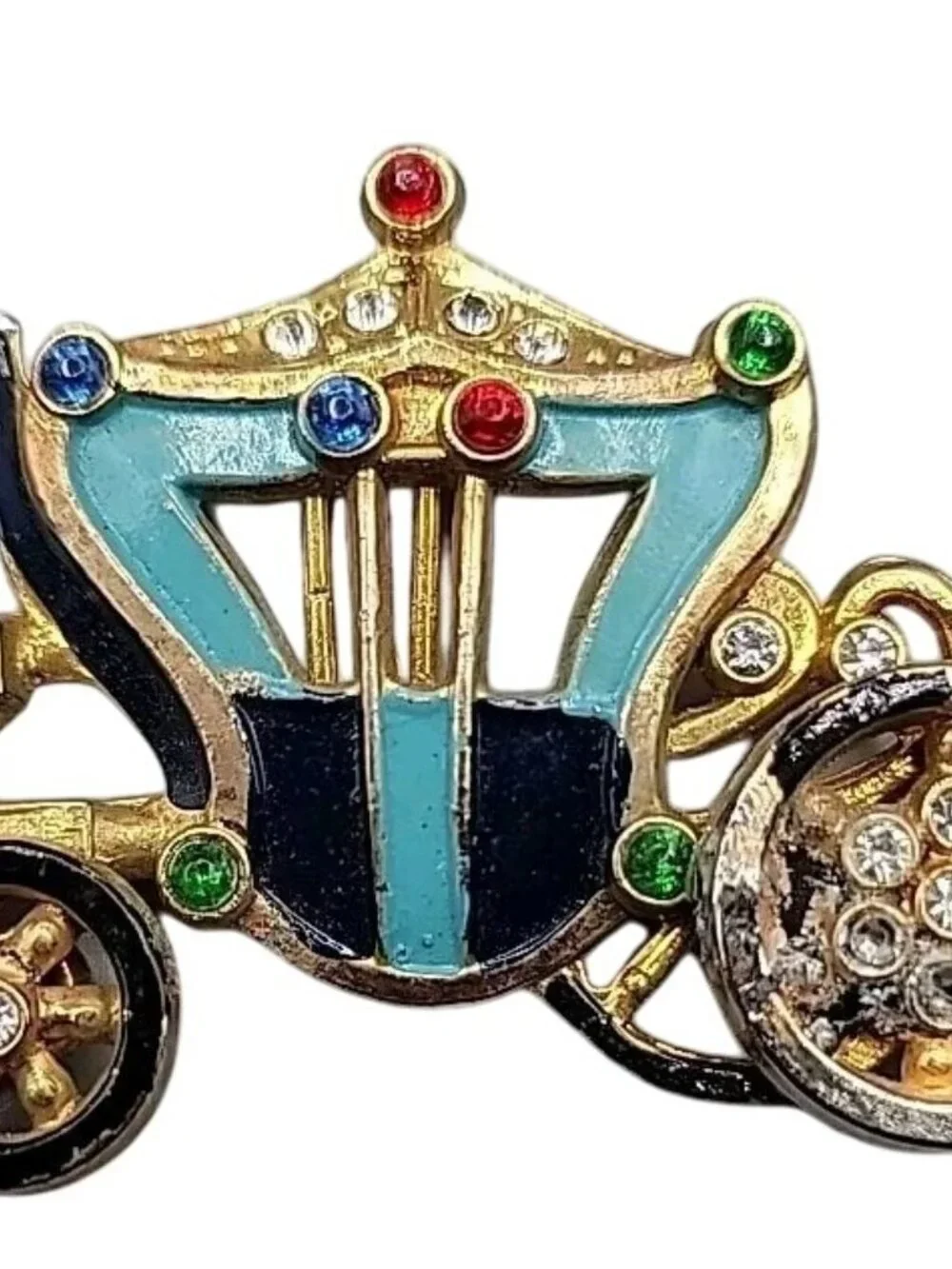 Princess Carriage Brooch Enamel Rhinestones & Faux Pearl Gold Tone Vintage 1940s
